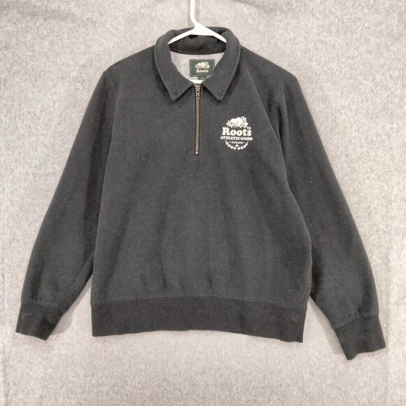 Roots Sweater 1/4 Zip Gray Long Sleeve Casual Polo Sweatshirt Logo Mens Large - Picture 1 of 12